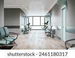 Modern healthcare corridor featuring geometric designs and soft blue chairs for patient comfort and style. 3D Render