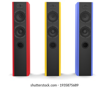 Modern hi tower music speakers with red, yellow and blue side panels - 3D Illustration