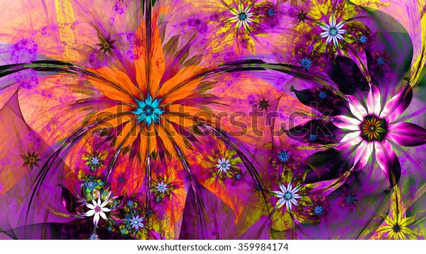 Modern high resolution flower background with two detailed large wavy plastic flowers with natural looking 3D leaves surrounded by a field of smaller ones,all in dark vivid orange,pink,purple,yellow