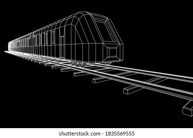 Modern High Speed Train On Straight Rails. Railway Wireframe Low Poly Mesh 3d Render Illustration