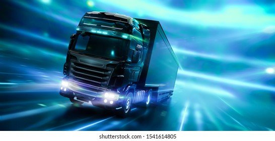 Modern high speed truck with trailer in motion with technology lights background (3D Illustration)