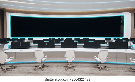 Modern high tech command center. Headquarters of the army command. Future military or astronomy base. 3d render illustration.