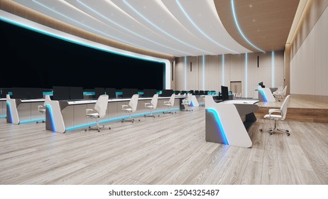 Modern high tech command center. Headquarters of the army command. Future military or astronomy base. 3d render illustration.