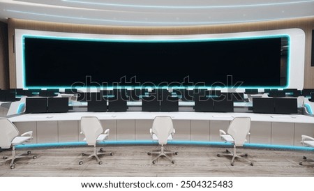 Modern high tech command center. Headquarters of the army command. Future military or astronomy base. 3d render illustration.