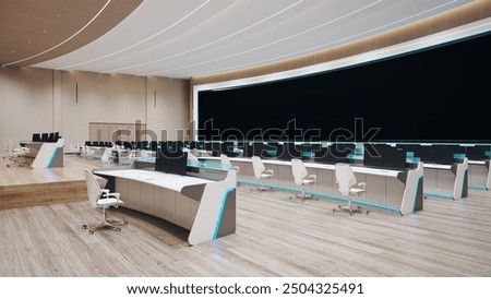 Modern high tech command center. Headquarters of the army command. Future military or astronomy base. 3d render illustration.
