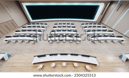 Modern high tech command center. Headquarters of the army command. Future military or astronomy base. 3d render illustration.