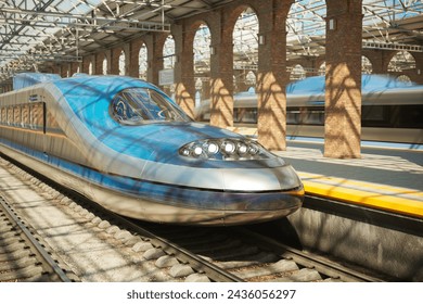 A modern high-speed train is standing at the platform waiting for passengers. Classic transfer station illuminated by daylight. Close-up of the modern locomotive. No people in sight.