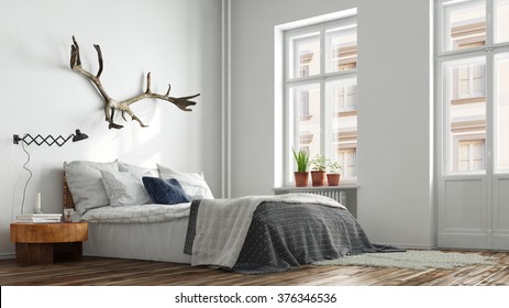 Modern Hipster Bedroom In Berlin With Bed And Nightstand (3D Rendering)