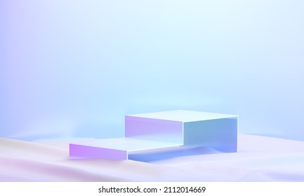 Modern Hologram Color Podium Box Display Background Purple Blue Light. 3D Illustration Rendering.