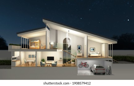 Modern Home Cross Section, Night Scene, 3d Rendering