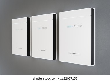 Modern Home Energy Storage Battery System Mounted On Clean Grey Wall. 3d Rendering.