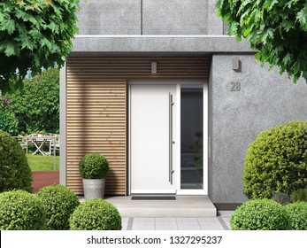 Modern home facade with entrance, front door and view to the garden - 3D rendering