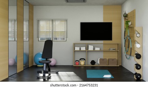 Modern Home Fitness Gym Exercise Room Interior Design With Sport Equipments, TV Black Screen Mockup On The Wall, Cabinet And Decor. 3d Rendering, 3d Illustration