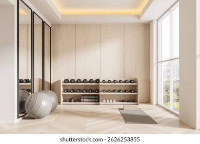 Modern home gym with wooden walls, dumbbells, yoga balls, and mat, 3D Rendering, bright minimalist interior, large windows, concept of fitness at home
