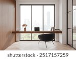 Modern home office featuring a sleek desk with a laptop, a stylish chair, and a contemporary lamp. Large windows reveal a cityscape. Concept of productivity and urban living. 3D Rendering