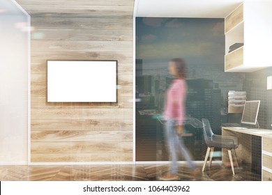 Modern Home Office Interior With Dark Blue, White And Wooden Walls, A Wooden Floor, A Computer Desk With Bookshelves, And A Mock Up TV Screen. A Woman 3d Rendering Toned Image Double Exposure Blurred