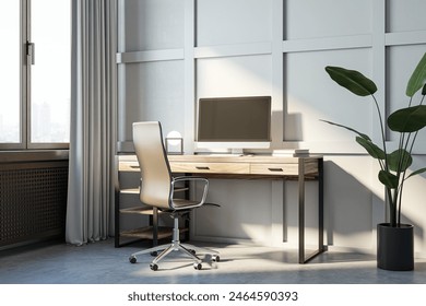 A modern home office interior with a desk, chair, and computer on a sunny day, against a window with city view, concept of remote work. 3D Rendering - Powered by Shutterstock