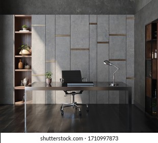 Modern Home Office Interior In Loft, Industrial Style, 3d Render