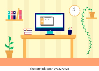Modern home office interior. Workplace with desk, computer, bookshelves, clock and plants. illustration in a flat style.