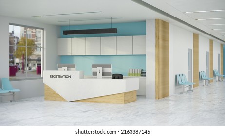 Modern Hospital Or Clinic Reception Waiting Area Interior Design With Reception Desk Over The Blue Wall And Waiting Seats. Medical Healthcare Concept