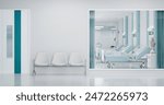 Modern hospital with waiting area and hospital bed in rooms.3d rendering