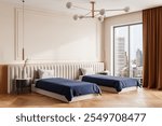 A modern hotel bedroom featuring two single beds with blue bedding, a minimalist design, large windows showcasing a city view, and warm wooden flooring. 3D Rendering.