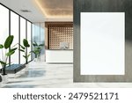 Modern hotel lobby interior with a vertical blank poster on a dark wall, marble floors, and large windows, concept of advertising space. 3D Rendering