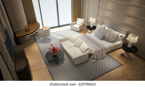 Modern Hotel Room High Angle Camera View 3d Rendering