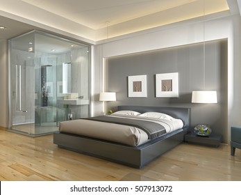 Modern hotel room with large bed, contemporary style with elements of art Deco. Decorative niche in the wall with lighting and glass bathroom. 3D render