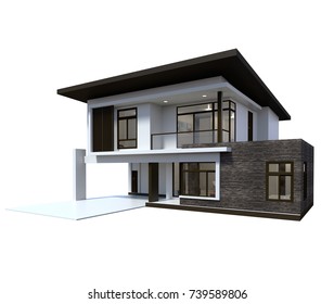 Modern House 3d Rendering On White Background.