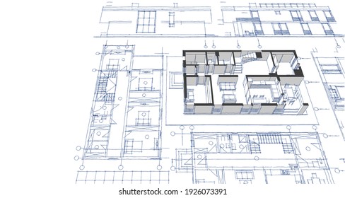 modern house architectural project sketch 3d illustration