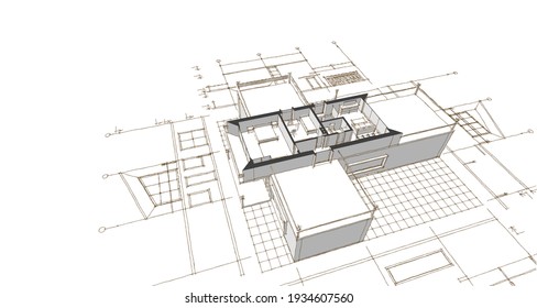 Modern House Architectural Project Sketch 3d Illustration