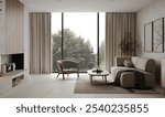 Modern house design with fireplace, large panoramic window with forest view, sofa, carpet, coffee table, empty picture frames. 3d render