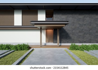 Modern House With Entrance Door And Large Stone Wall In The Garden, 3d Rendering.