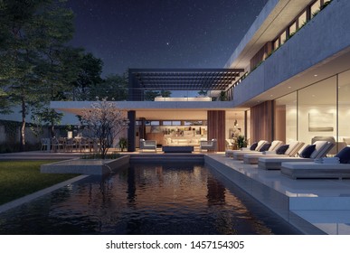 Modern House Exterior Design At Night With Swimming Pool 3D Rendering, 3D Illustration