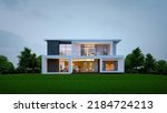 Modern house exterior evening view with interior lighting.3d rendering