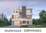 Modern house exterior evening view with lawn grass.3d rendering