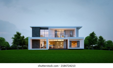 Modern House Exterior Evening View With Interior Lighting.3d Rendering