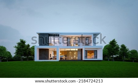 Modern house exterior evening view with interior lighting.3d rendering Stockfoto © 
