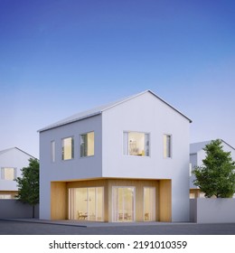 Modern House Exterior Minimal Style With White Concrete And Wood.3d Rendering