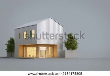 Modern house exterior with white metal sheet and wood isolated on gray background. 3d rendering. Foto stock © 