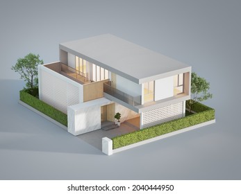 Modern house with garden on white background in real estate sale or property investment concept. Buying land for new home. 3d illustration high angle view of residential building.