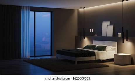 Modern House Interior. Bedroom With Dark Walls And Bright Furniture. Night. Evening Lighting. 3D Rendering.