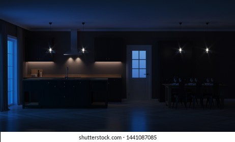 Modern House Interior. Interior With Black Kitchen. Night. Evening Lighting. 3D Rendering.