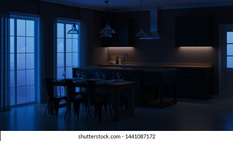 Modern House Interior. Interior With Black Kitchen. Night. Evening Lighting. 3D Rendering.