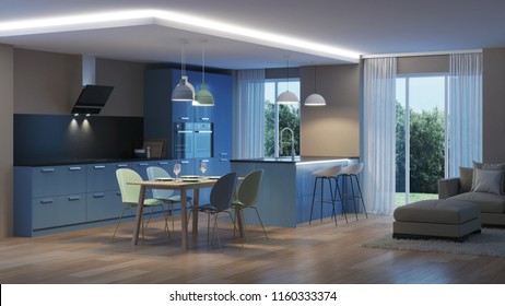 Modern House Interior. Blue Kitchen. Night. Evening Lighting. 3D Rendering.