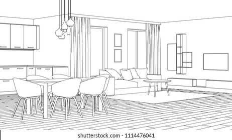 Modern House Interior Design Project Sketch Stock Illustration 1245070987