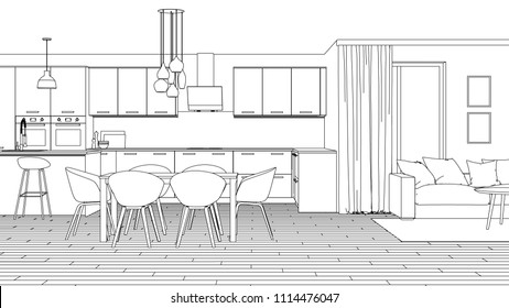 Line Drawing Vector Illustration Interior Kitchen Stock Vector (Royalty ...