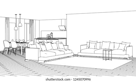 Modern House Interior Design Project Sketch Stock Illustration 1245070987