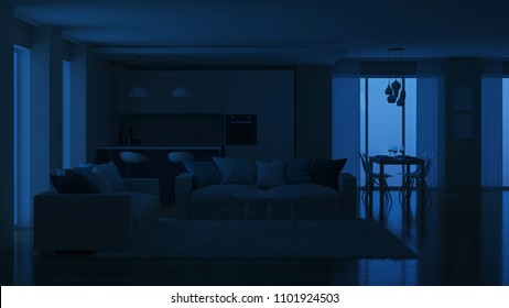 Modern House Interior. Evening Lighting. Night. 3D Rendering.